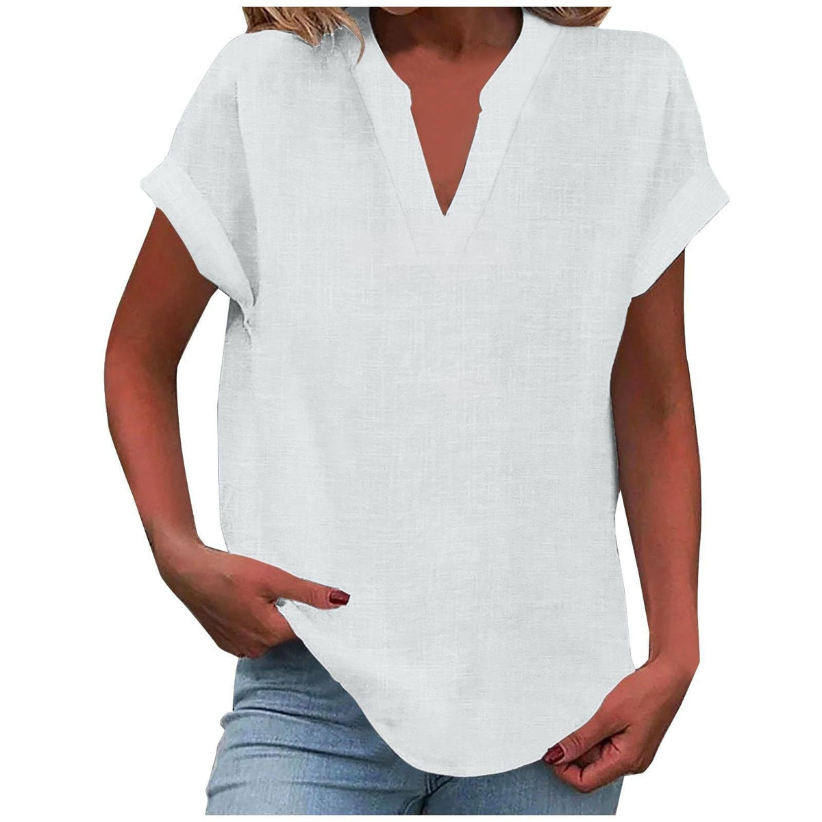 Rolled Short-Sleeve Casual Blouse in White
