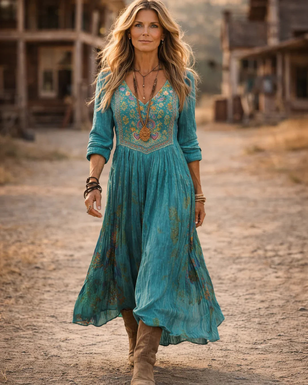 Embroidered Casual Maxi Dress in Teal