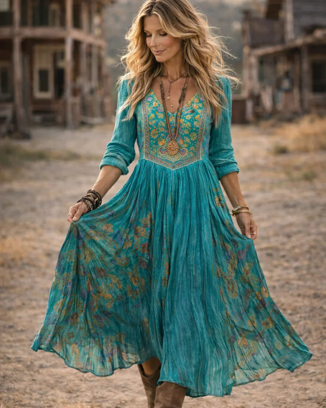 Embroidered Casual Maxi Dress in Teal