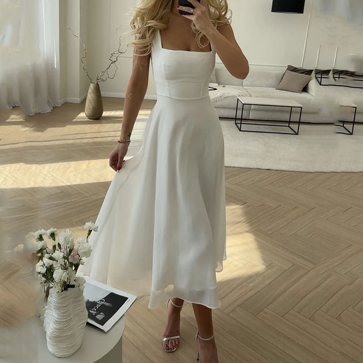 Square Wedding Guest Midi Dress in White
