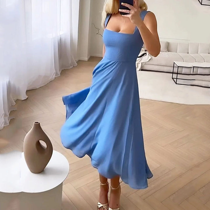 Square Wedding Guest Midi Dress in Blue