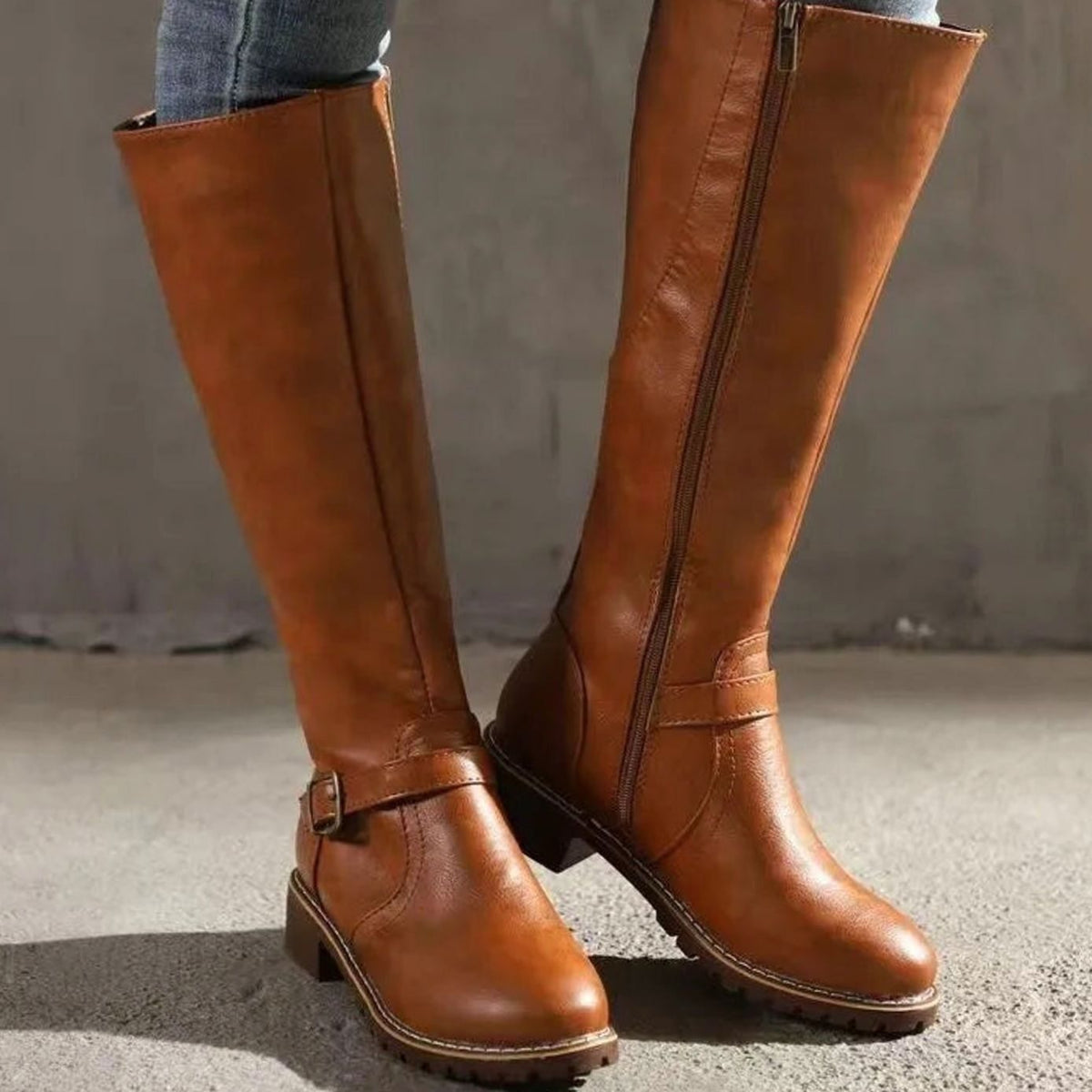 Women's Orthopaedic Buckled Casual Knee High Boots in Camel