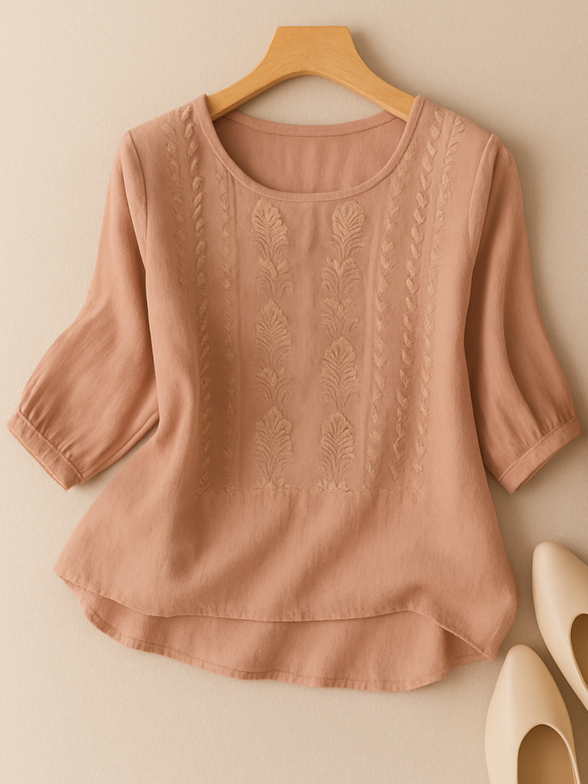 Embroidered Puff-Sleeve Casual Blouse in Peach