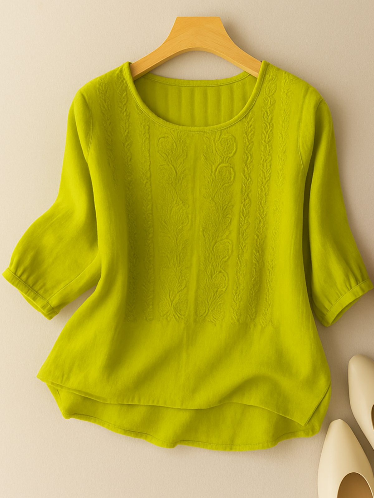 Embroidered Puff-Sleeve Casual Blouse in Green
