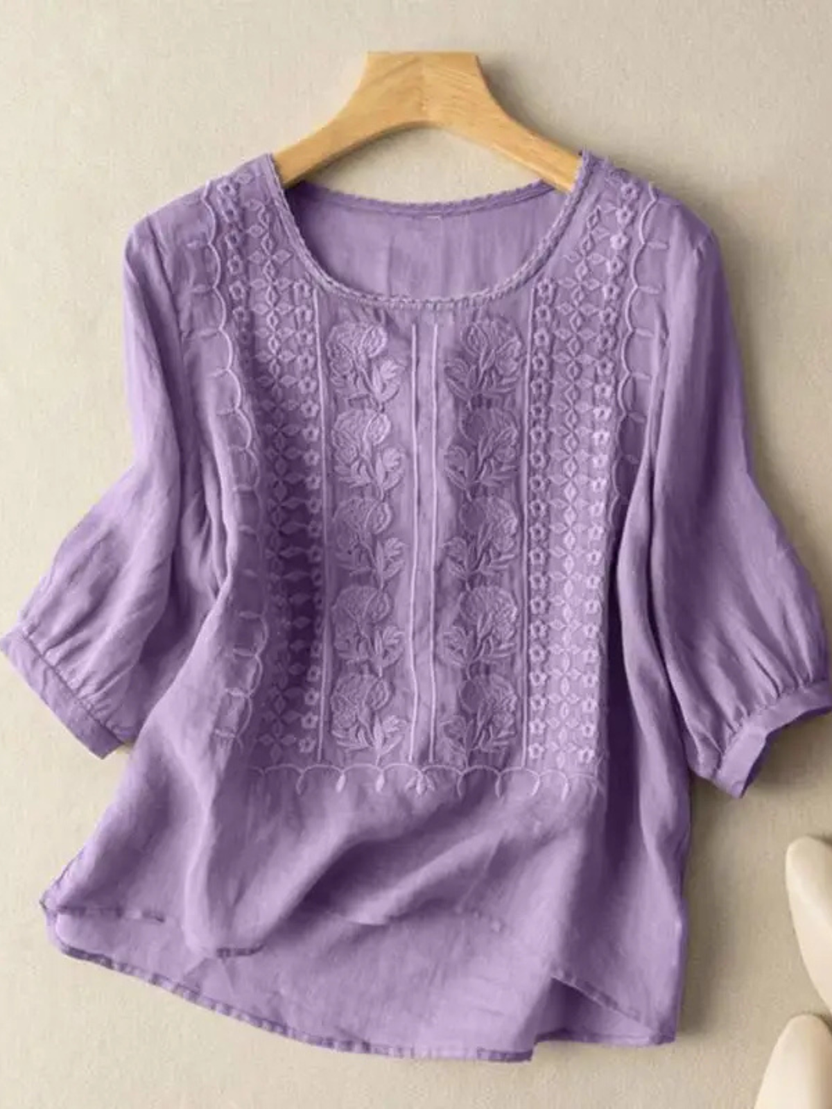 Embroidered Puff-Sleeve Casual Blouse in Lilac