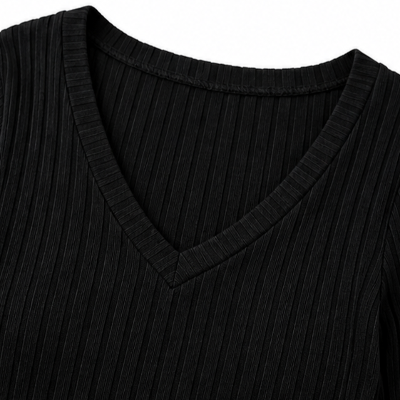 Ribbed V-Neck Casual Mini Dress in Black