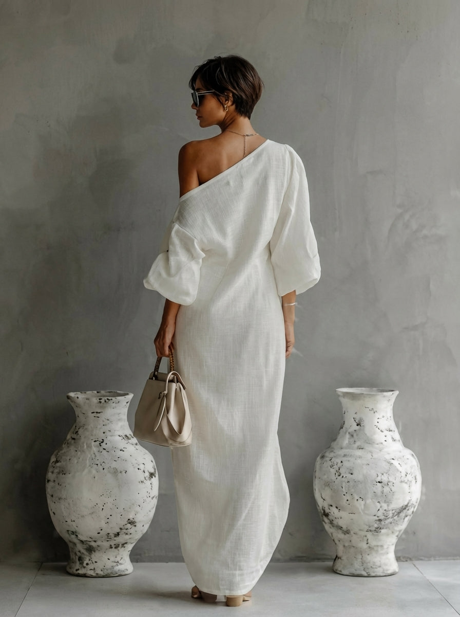 One-Shoulder Holiday Maxi Dress in White
