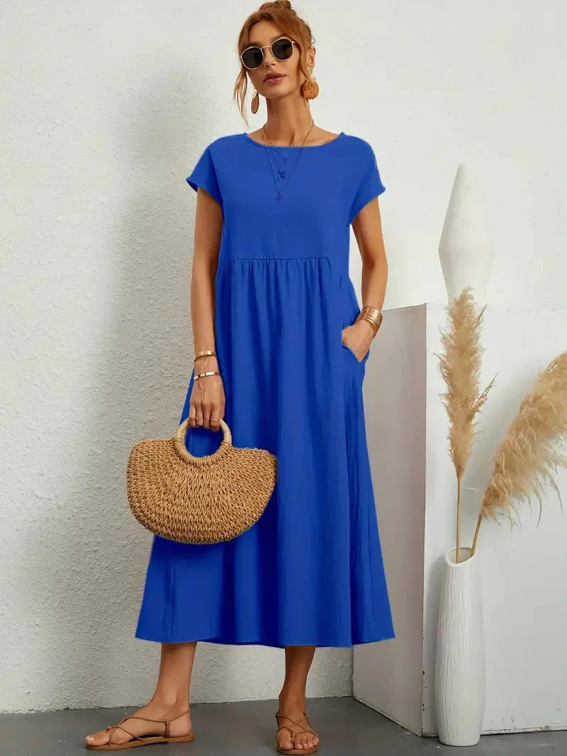 Gathered Empire Waist Casual Midi Dress in Blue