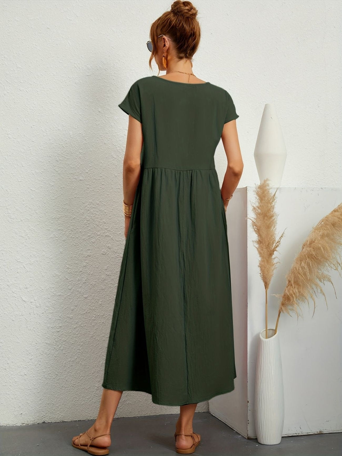 Gathered Empire Waist Casual Midi Dress in Dark Green