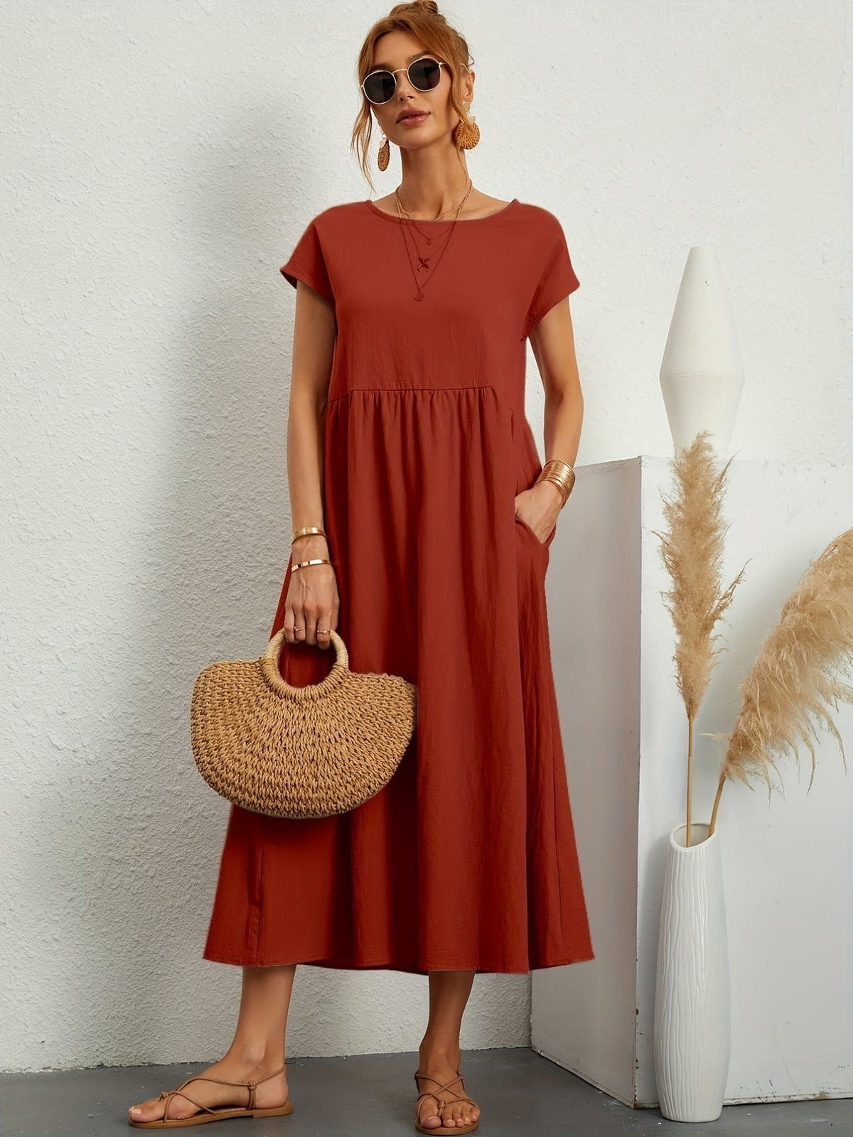 Gathered Empire Waist Casual Midi Dress in Rust