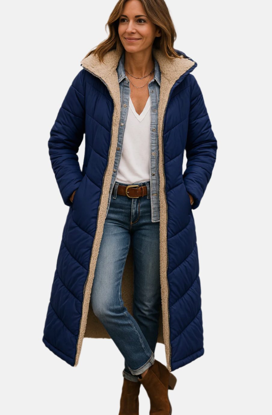 Women's Quilted Longline Jacket in Navy