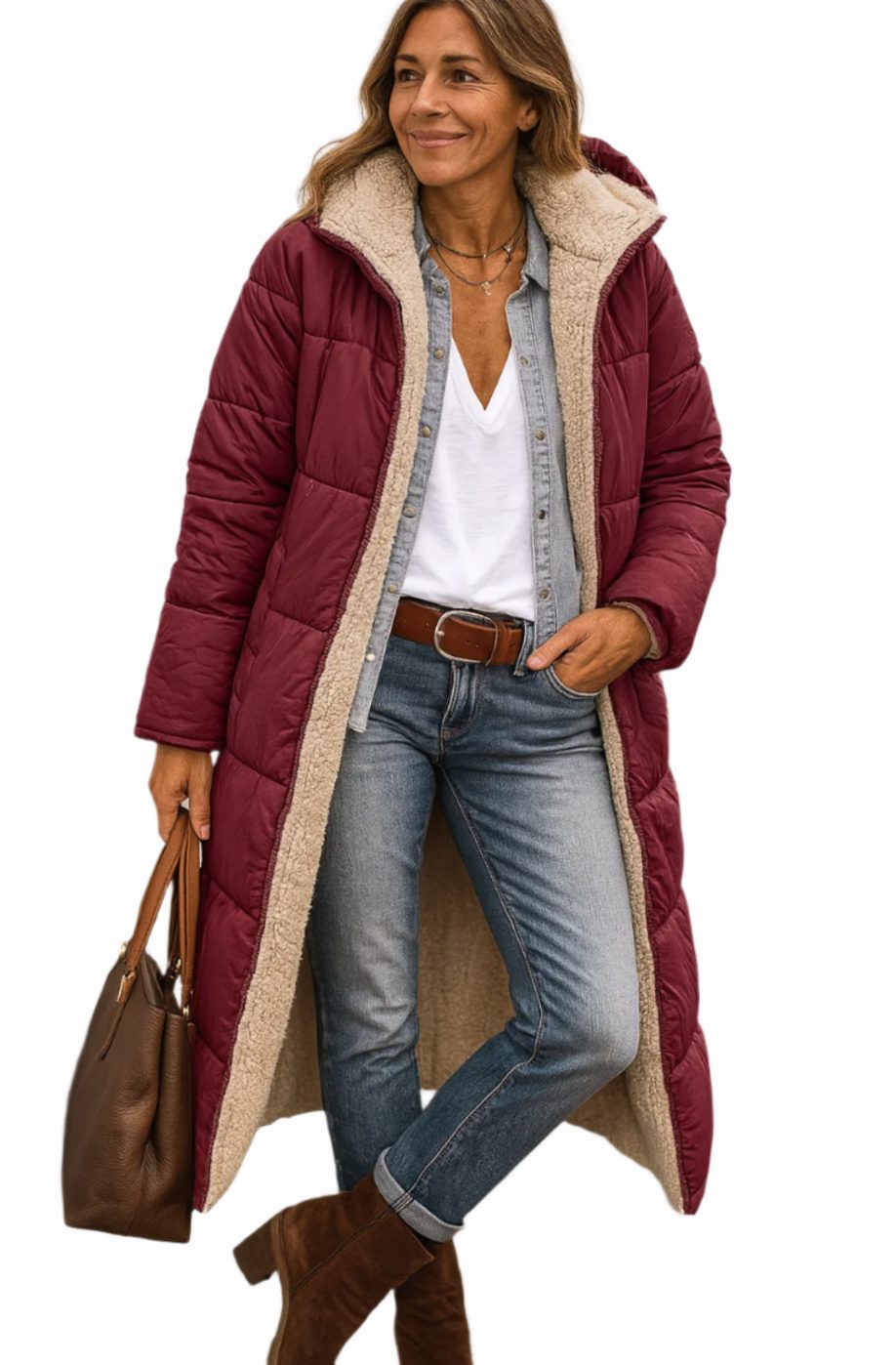 Women's Quilted Longline Jacket in Burgundy