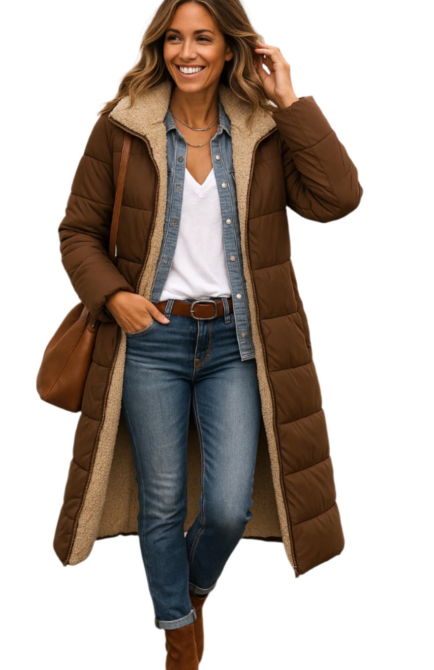 Women's Quilted Longline Jacket in Brown