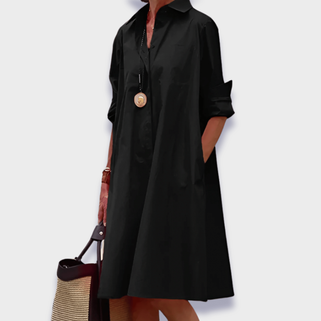 Shirt-Collar Casual Mini Dress in Black