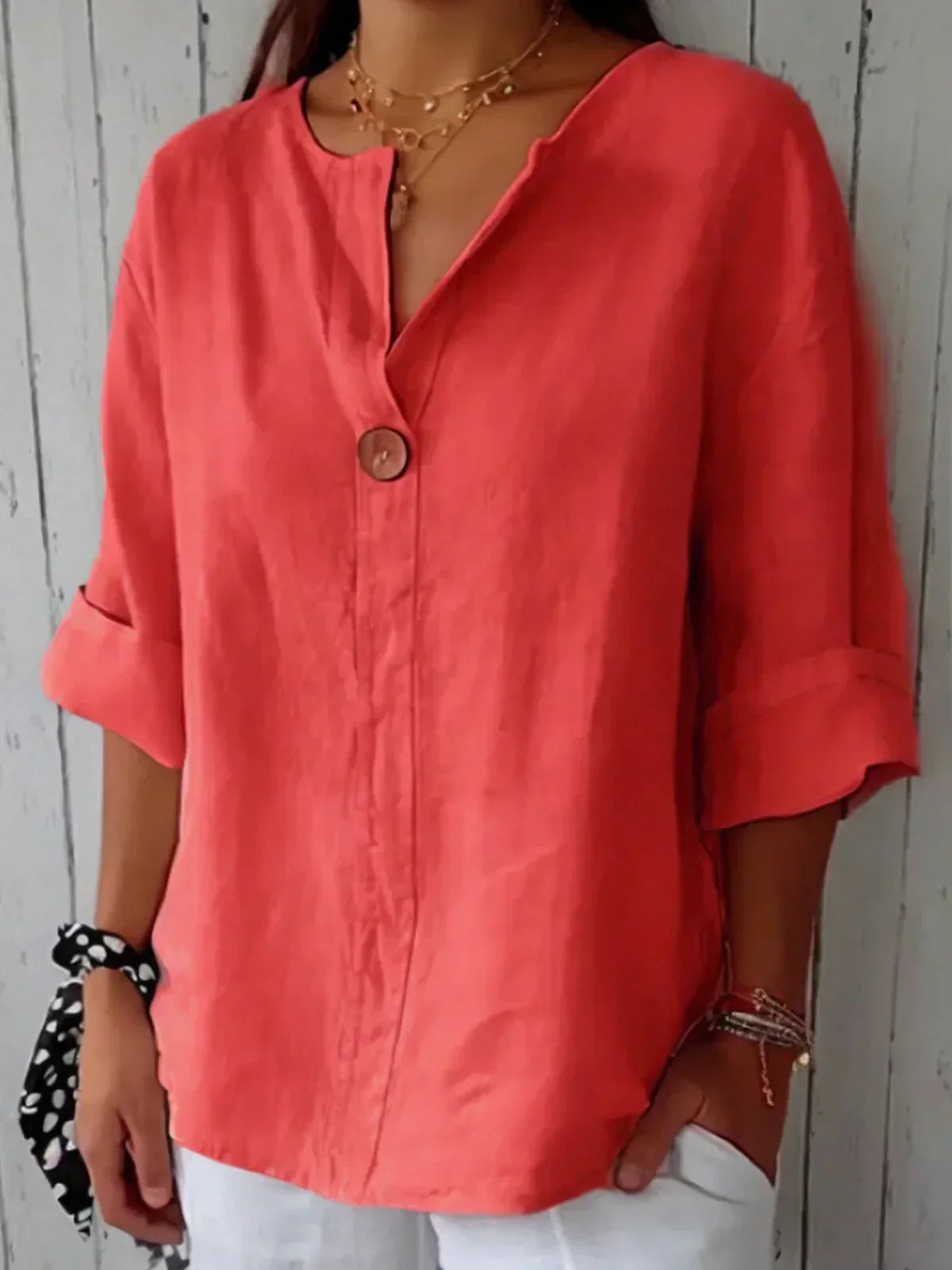 Single-Button V-Neck Casual Blouse in Brick Red