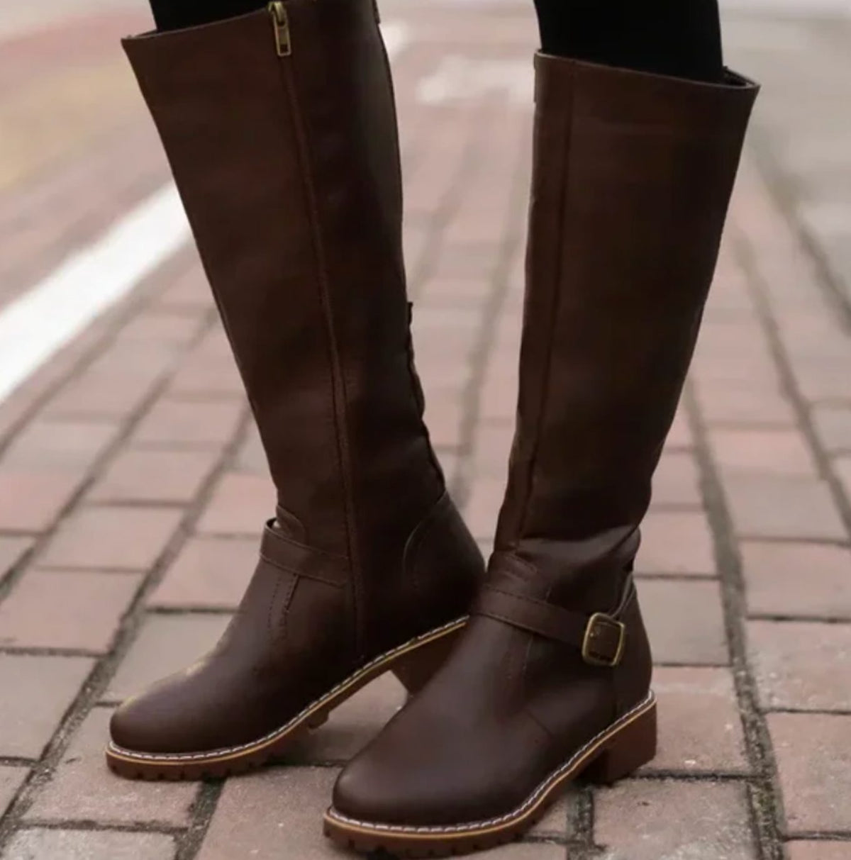 Women's Buckle Casual Knee High Boots in Dark Brown