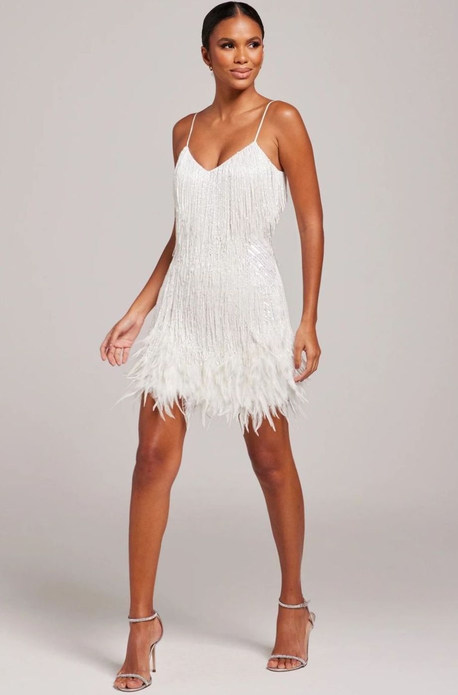 Feather-Hem Fringed Cocktail Mini Dress in White