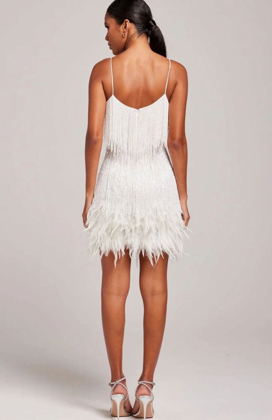 Feather-Hem Fringed Cocktail Mini Dress in White