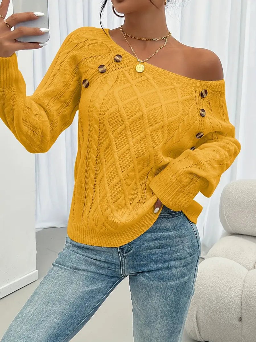 Women's Button-Shoulder Casual Jumper in Mustard