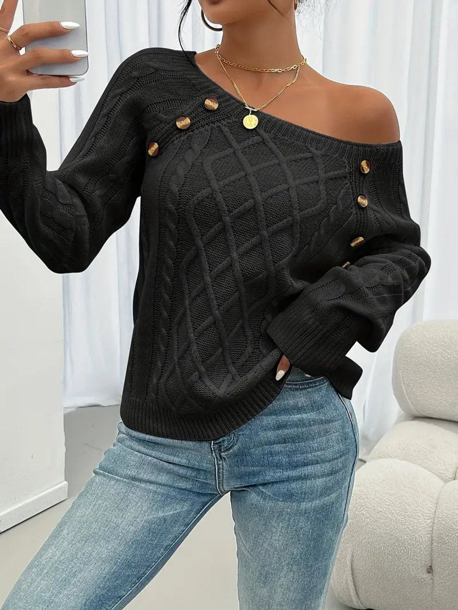 Women's Button-Shoulder Casual Jumper in Black