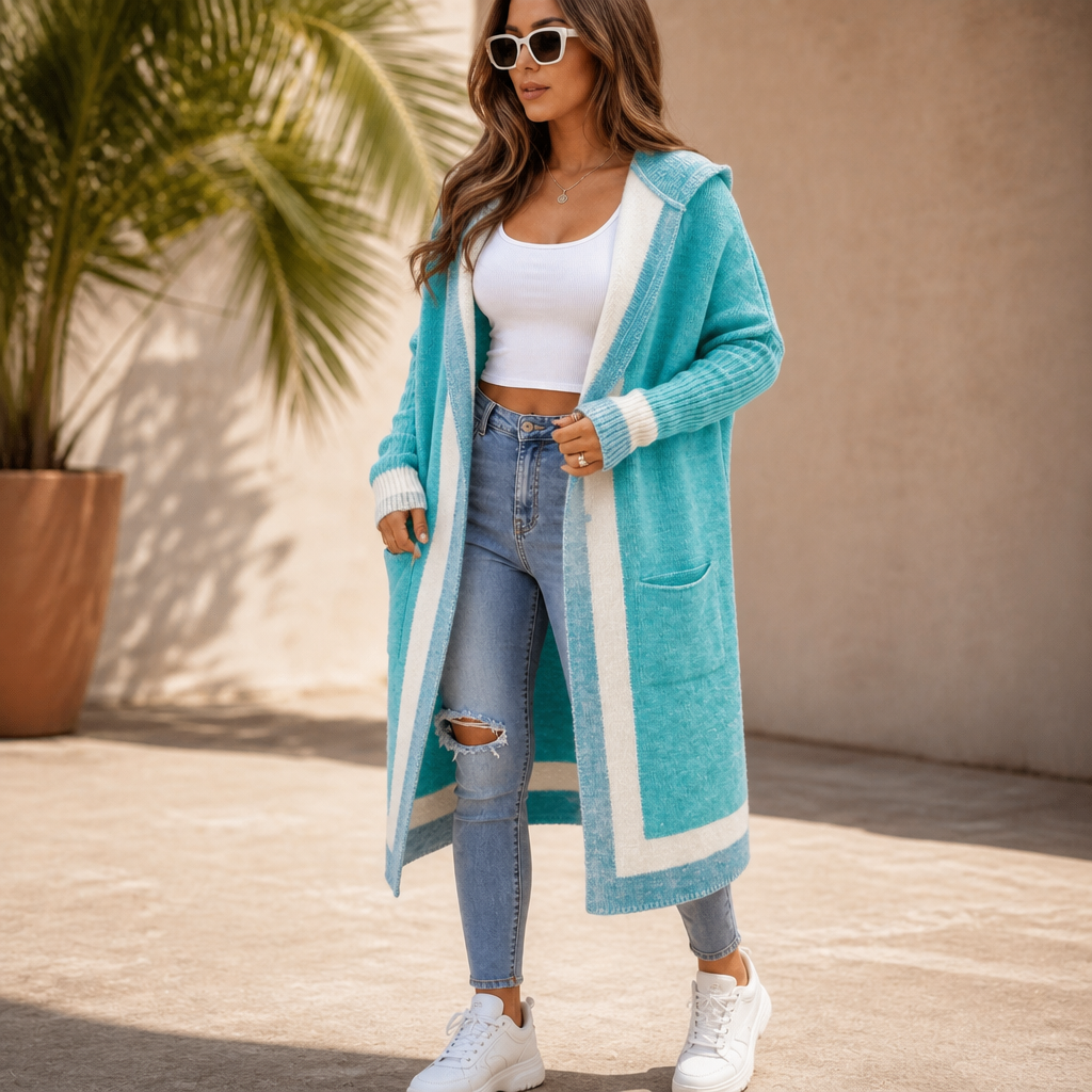 Women's Open-Front Hooded Casual Cardigan in Turquoise