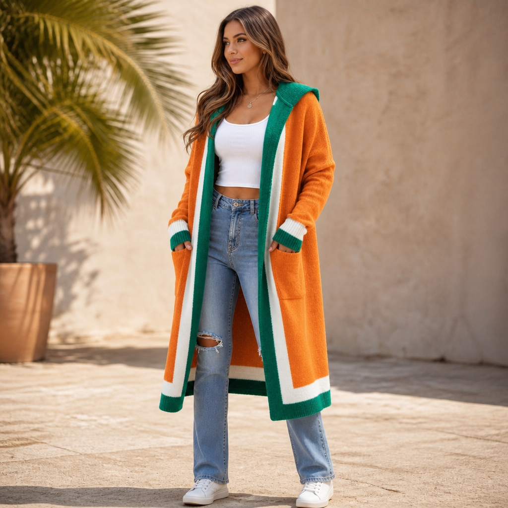 Women's Open-Front Hooded Casual Cardigan in Orange