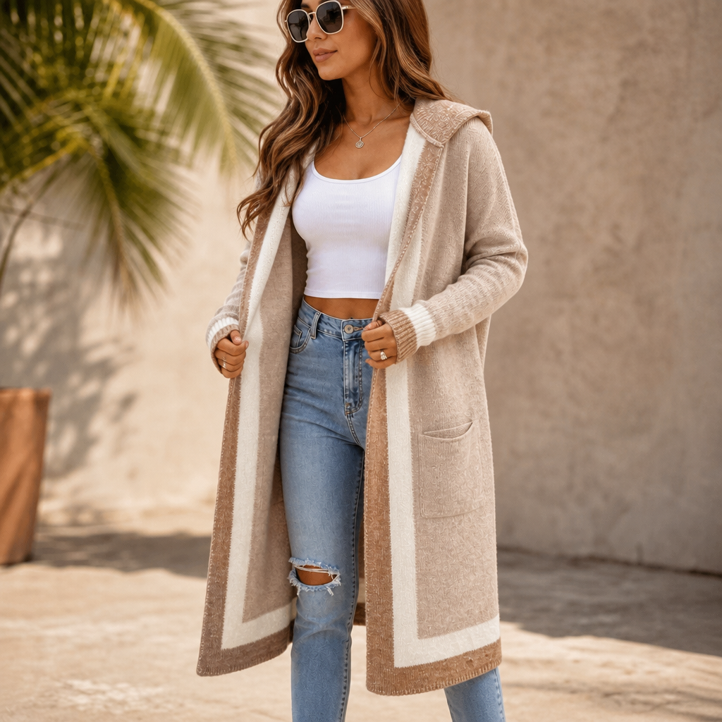 Women's Open-Front Hooded Casual Cardigan in Taupe