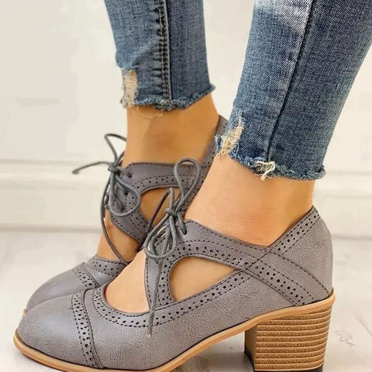 Orthopaedic Lace-Up Casual Heels in Grey