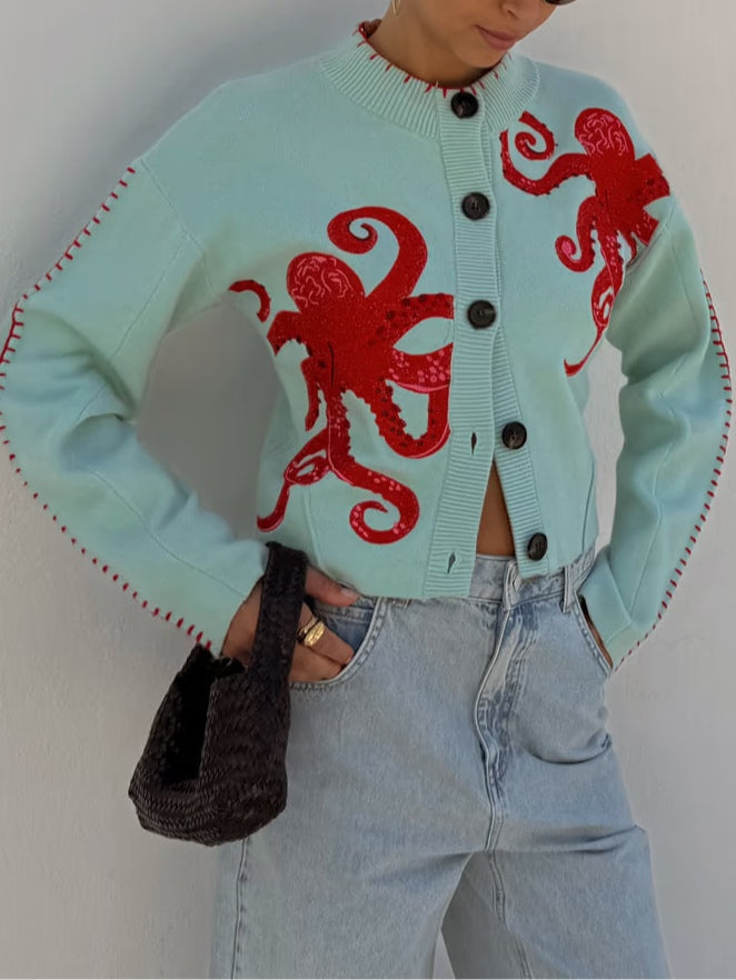 Women's Octopus Casual Cardigan in Mint