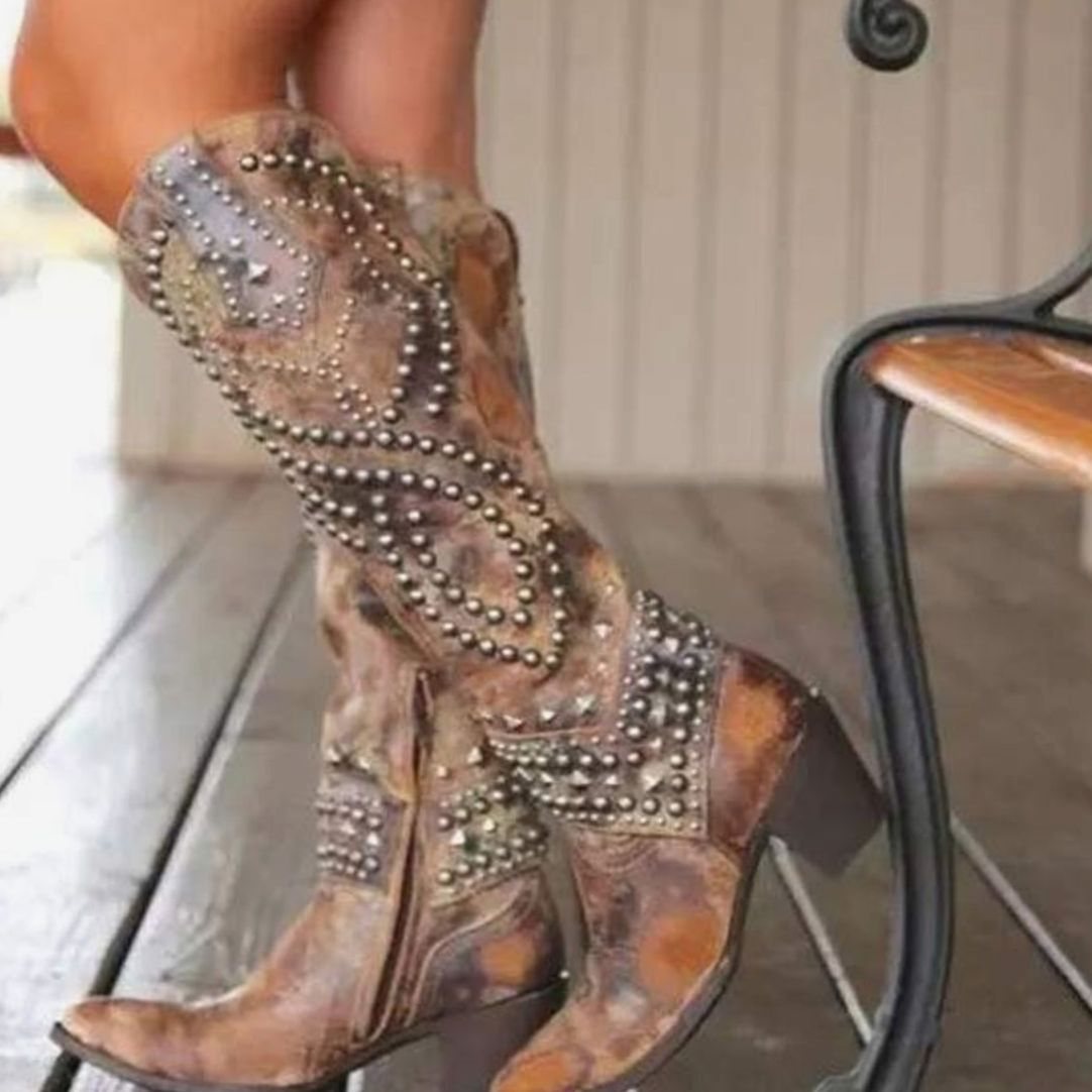 Women's Studded Party Knee High Boots in Brown