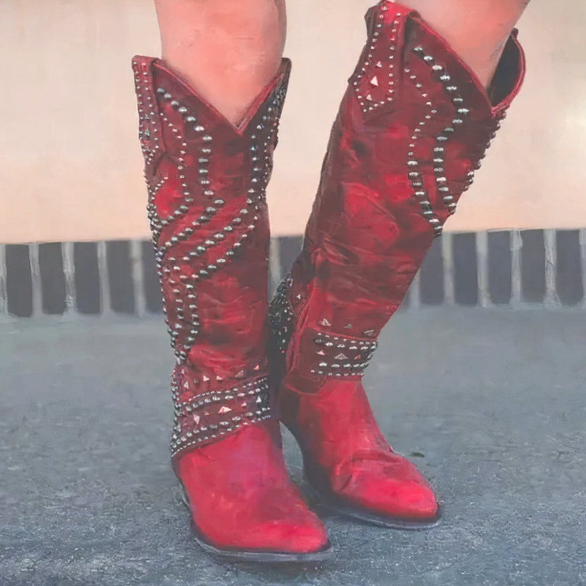 Women's Studded Party Knee High Boots in Red
