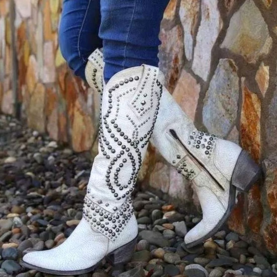 Women's Studded Party Knee High Boots in White