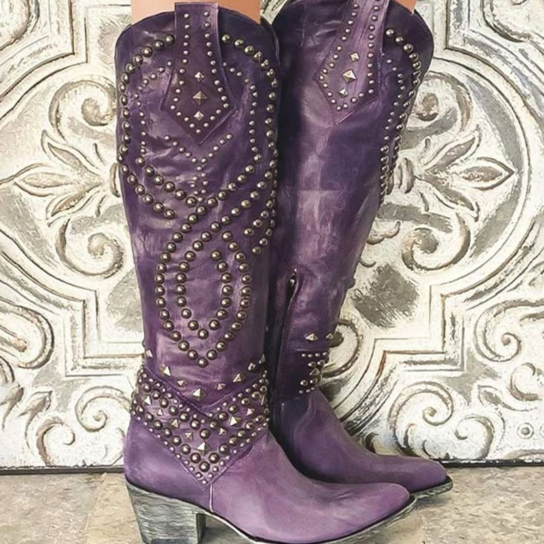Women's Studded Party Knee High Boots in Purple