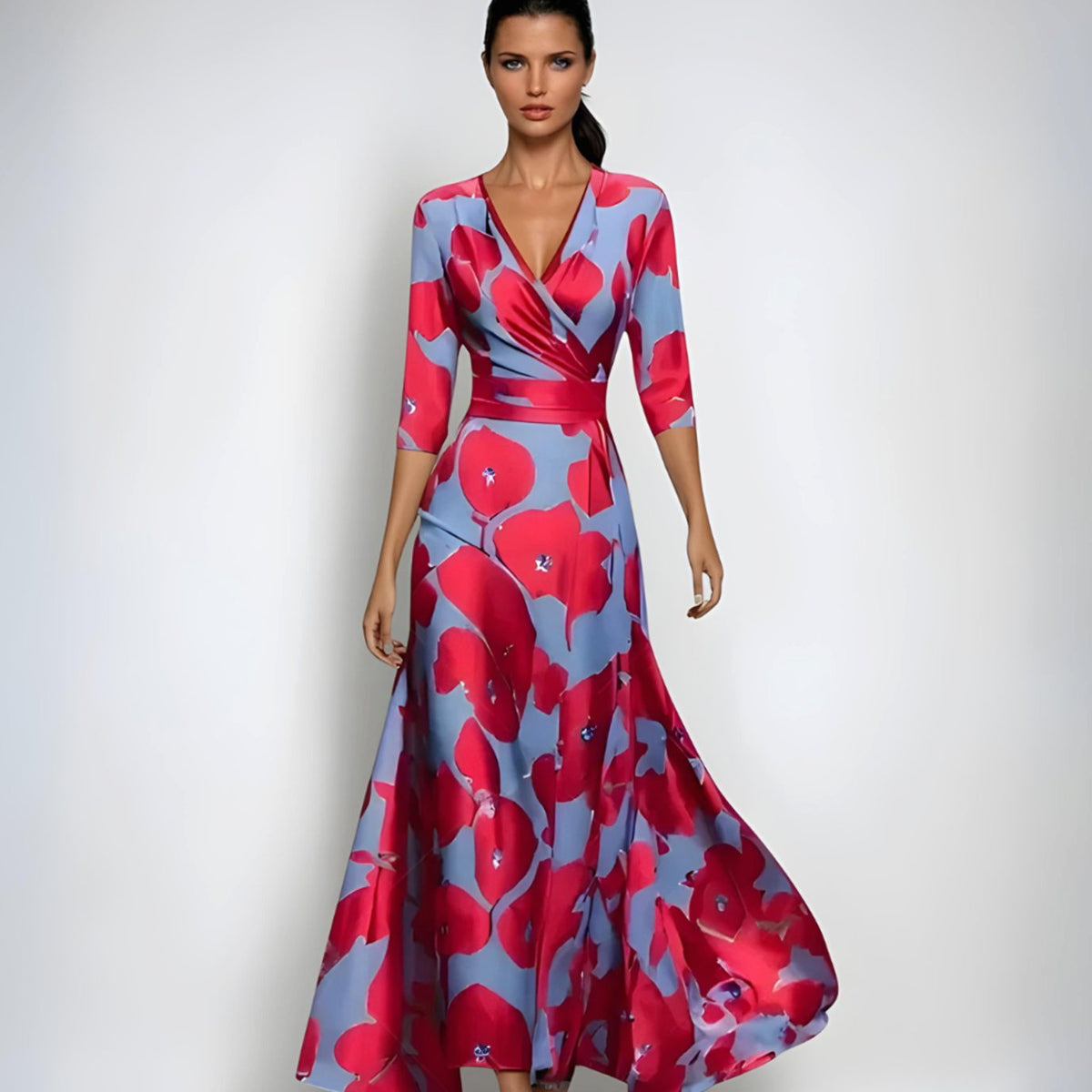 V-Neck Wrap Wedding Guest Maxi Dress in Red