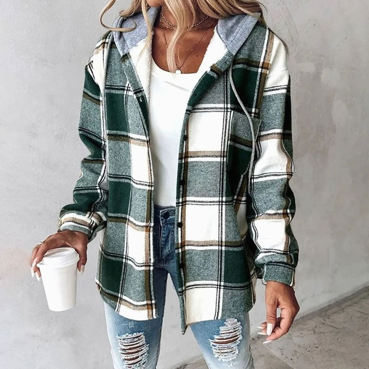 Women's Hooded Button-Front Casual Jacket in Dark Green