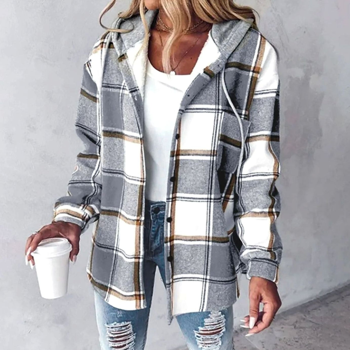 Women's Hooded Button-Front Casual Jacket in Light Grey