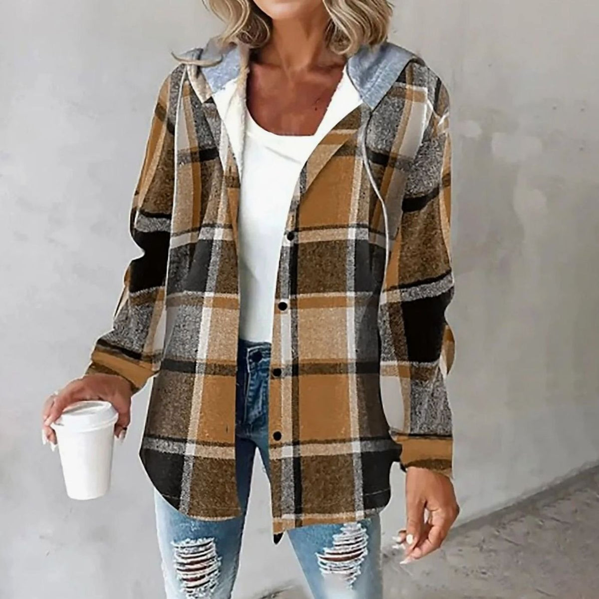 Women's Hooded Button-Front Casual Jacket in Camel