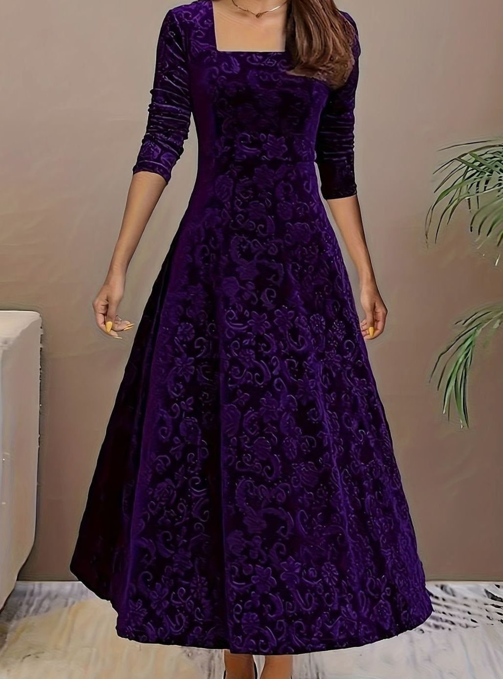 Embossed Floral Party Maxi Dress in Purple