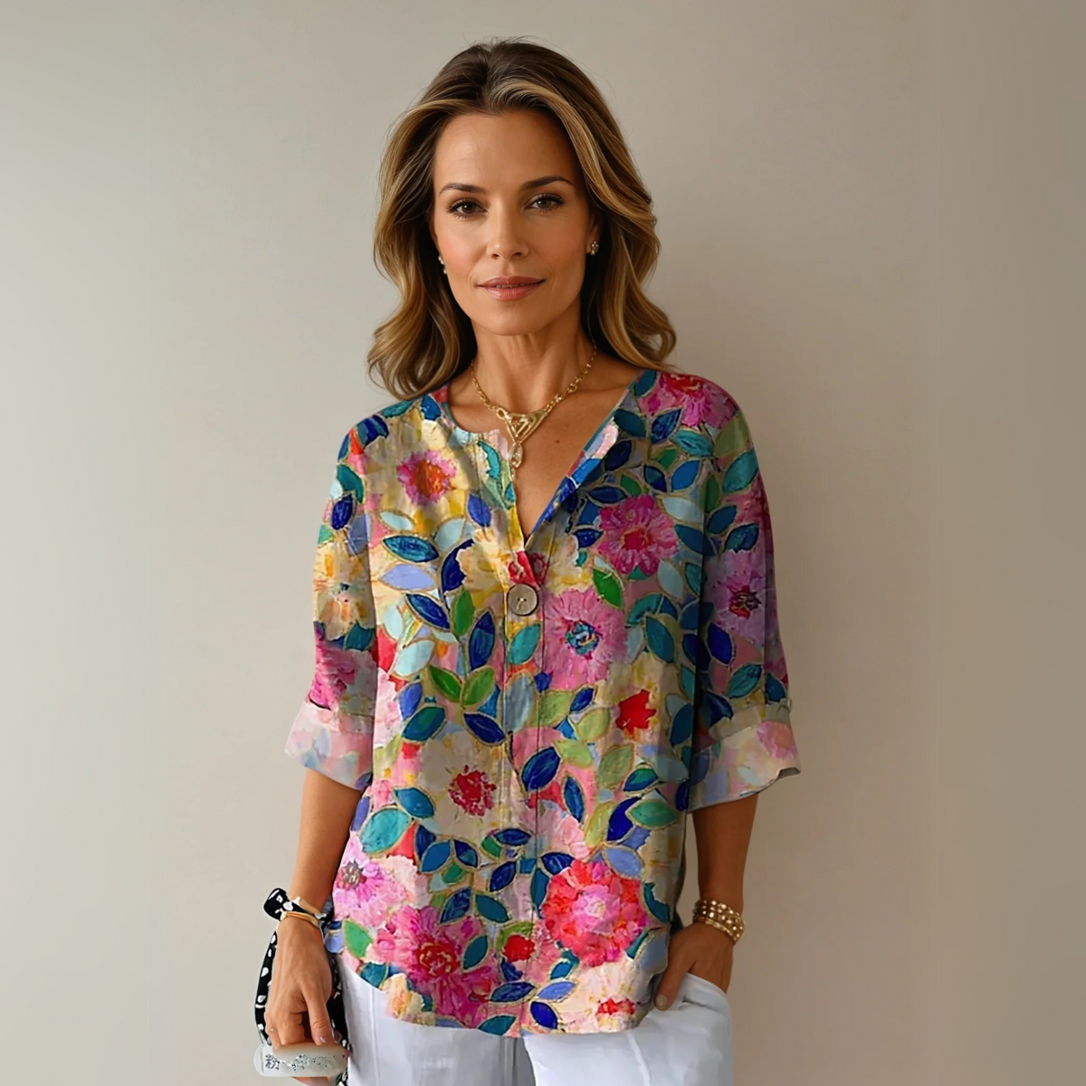 Single Button V-Neck Casual Blouse in Pink