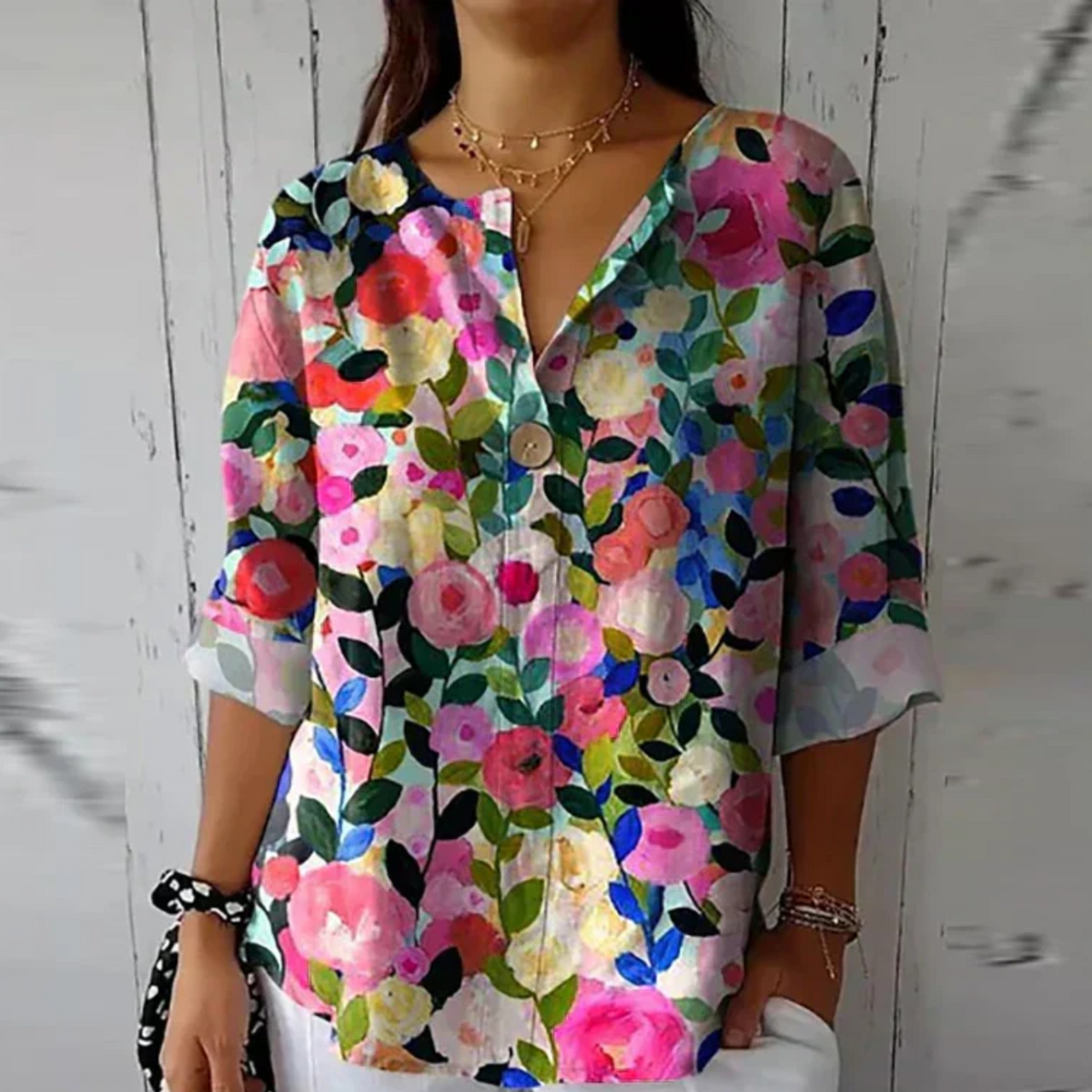 Single Button V-Neck Casual Blouse in Light Pink