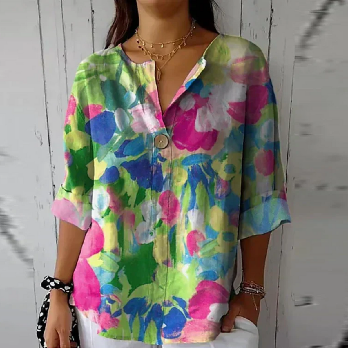 Single Button V-Neck Casual Blouse in Green
