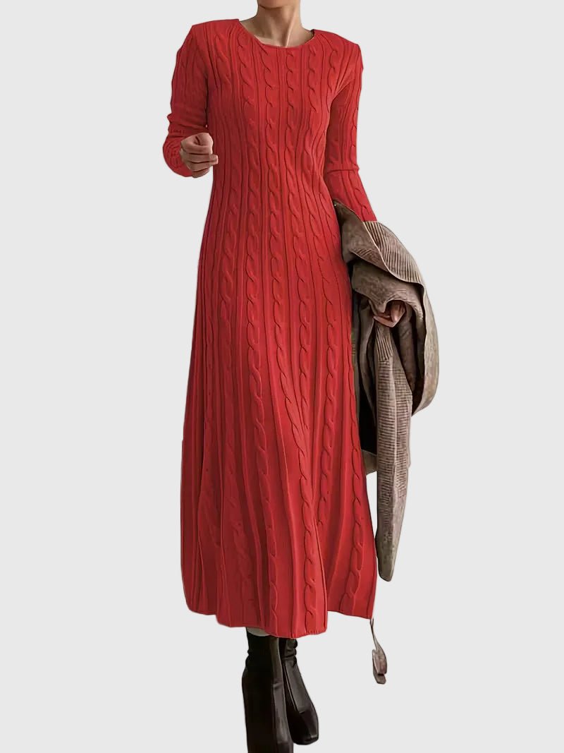 Cable-Knit Flared Casual Maxi Dress in Red