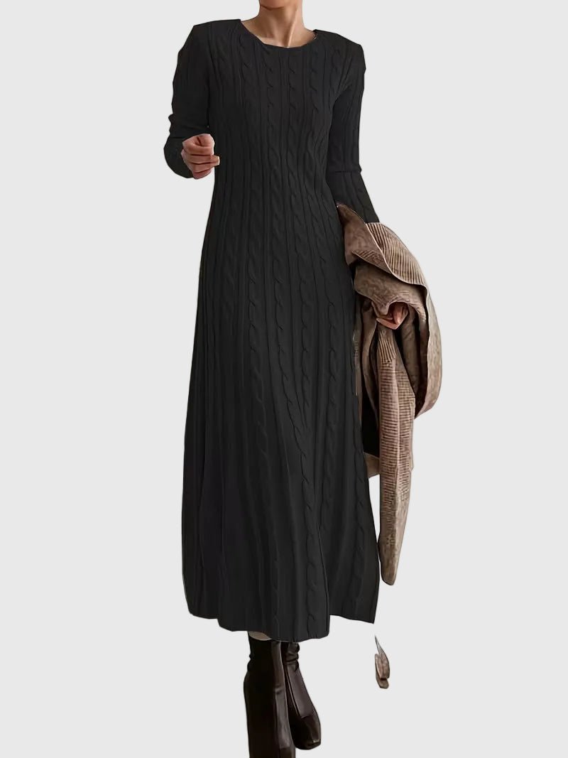 Cable-Knit Flared Casual Maxi Dress in Black