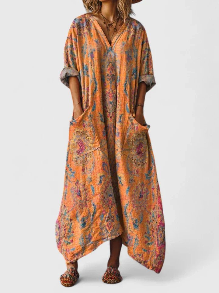 Relaxed Patch Pocket Holiday Maxi Dress in Orange