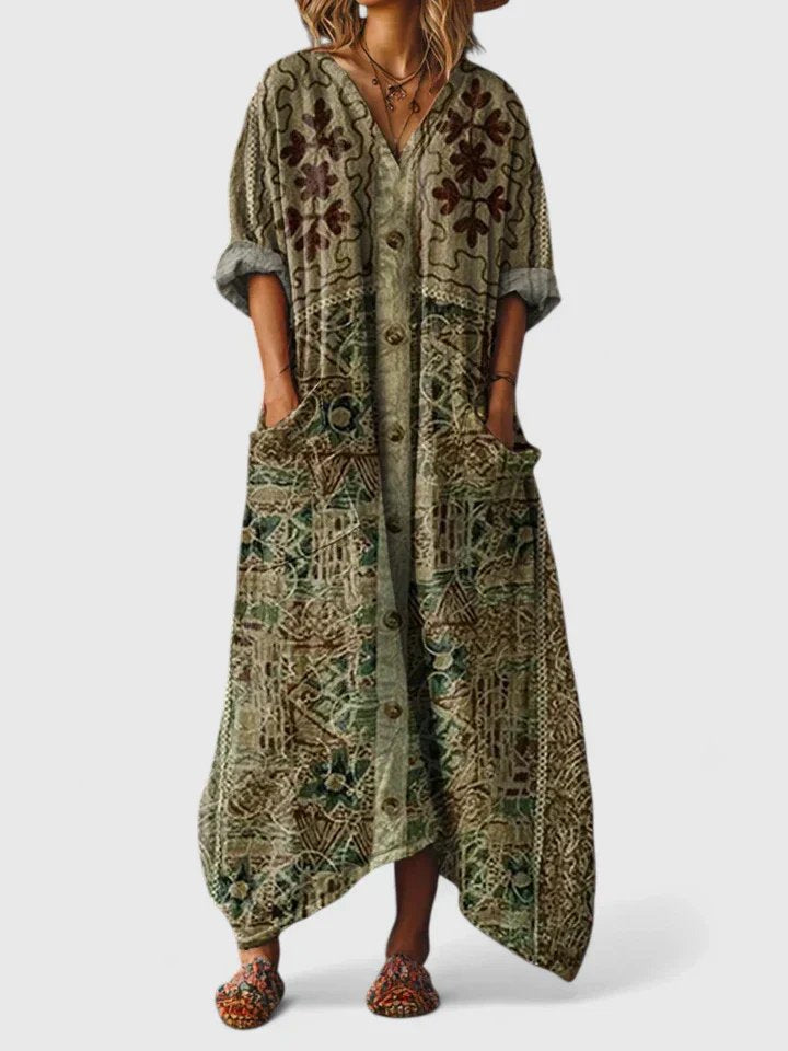Relaxed Patch Pocket Holiday Maxi Dress in Olive