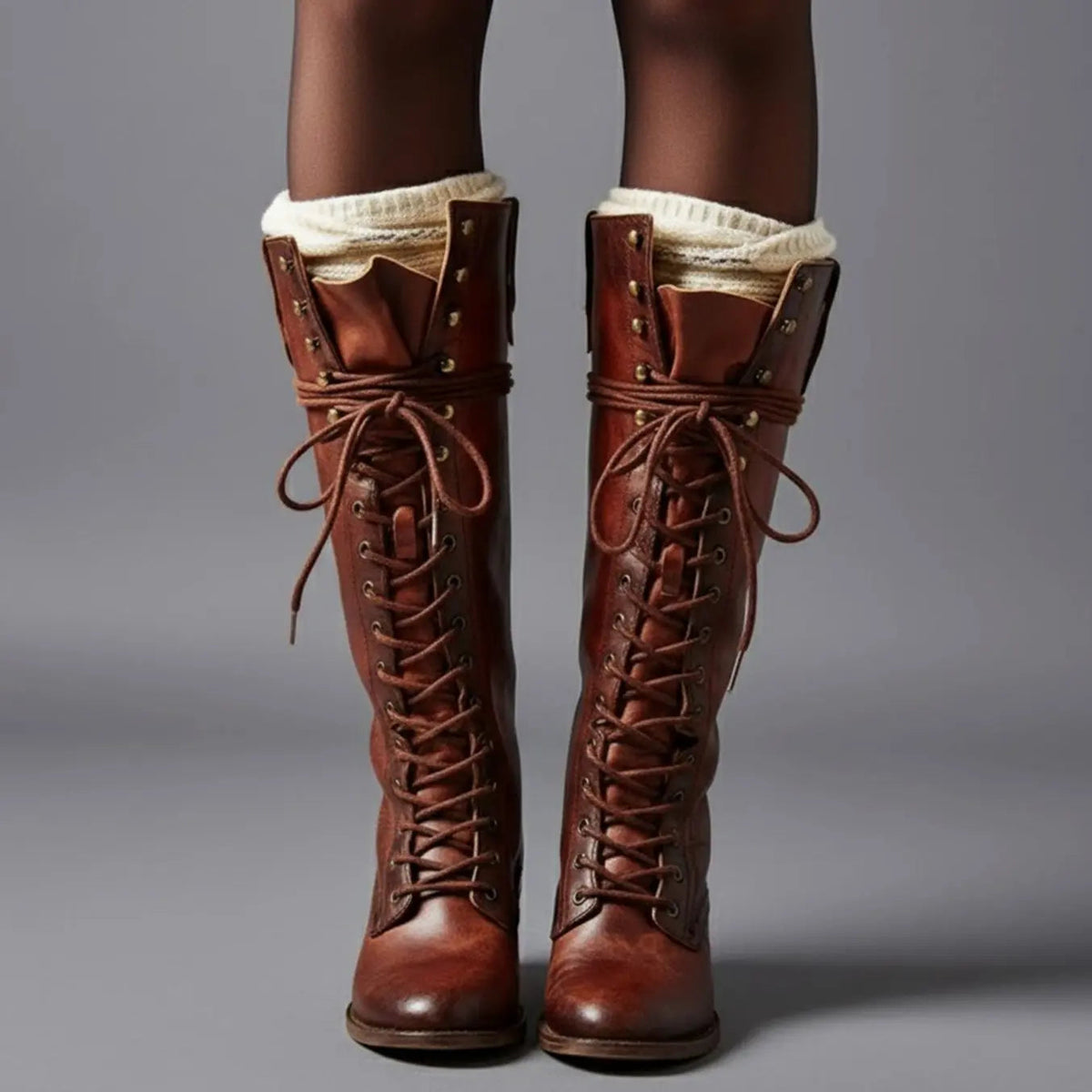 Women's Lace-Up Casual Knee High Boots in Brick Red