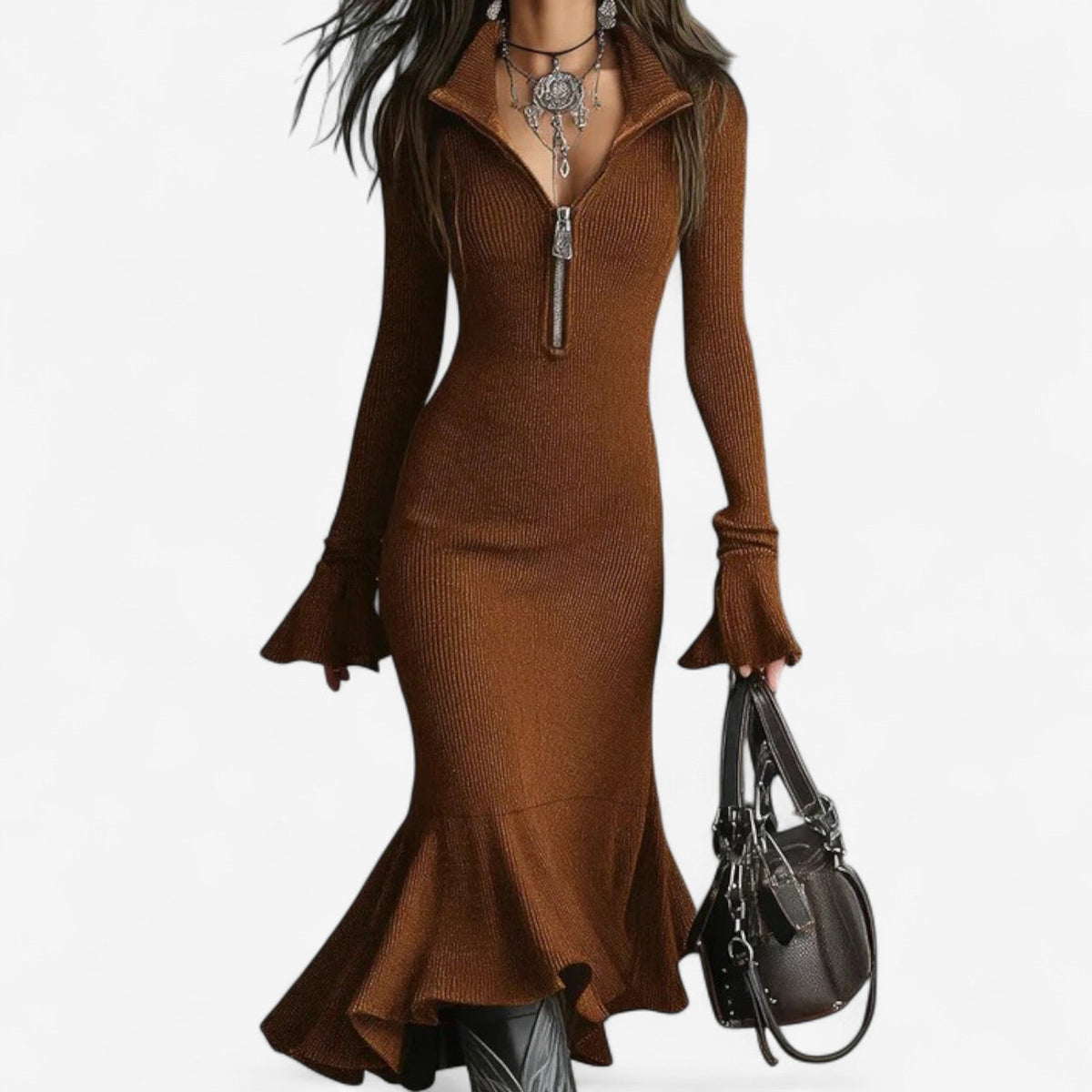 Half-Zip Flared-Hem Evening Maxi Dress in Rust