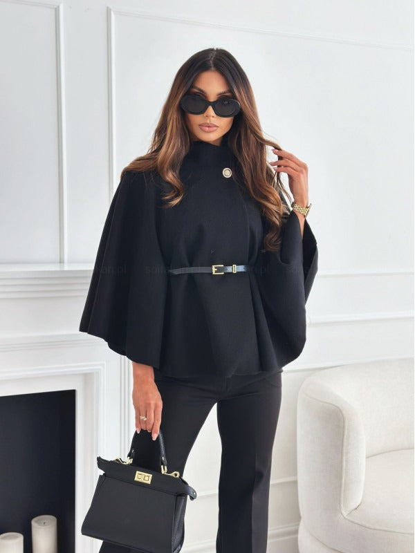 Women's Belted Cape-Style Casual Jacket in Black