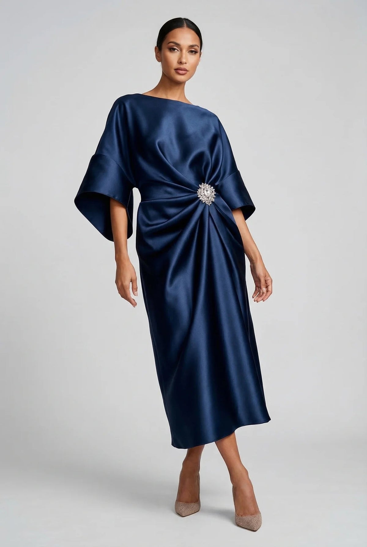 Draped Wedding Guest Maxi Dress in Navy