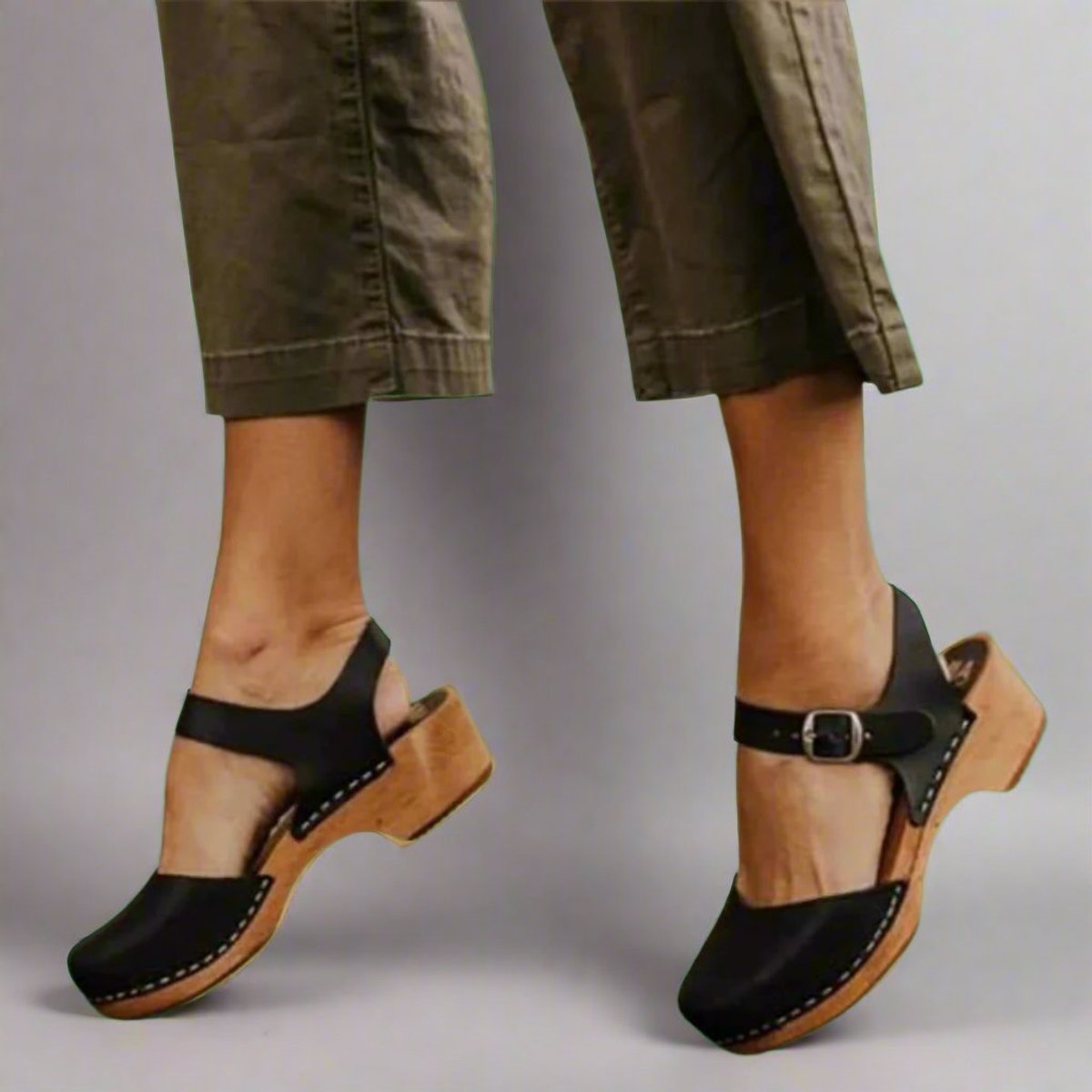 Orthopaedic Ankle-Strap Casual Heels in Black